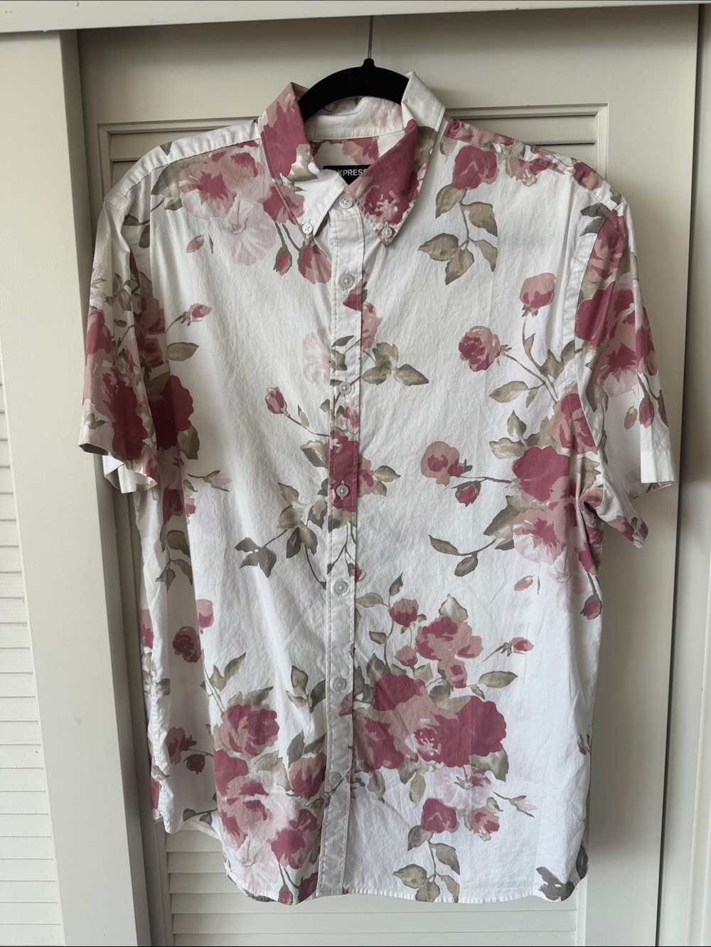 Express White Button-Down Shirt with Pink Floral Print